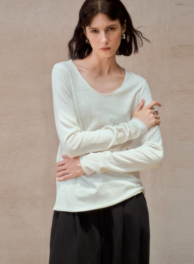 25秋冬棉麻打底衫长袖女百搭上衣宽松白色内搭U领显瘦简约T恤老钱