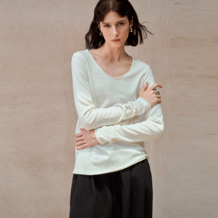 25秋冬棉麻打底衫 女百搭上衣宽松白色内搭U领显瘦简约T恤老钱 长袖