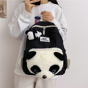 可爱熊猫双肩包包女2025新款秋冬毛绒大容量背包休闲百搭学生书包