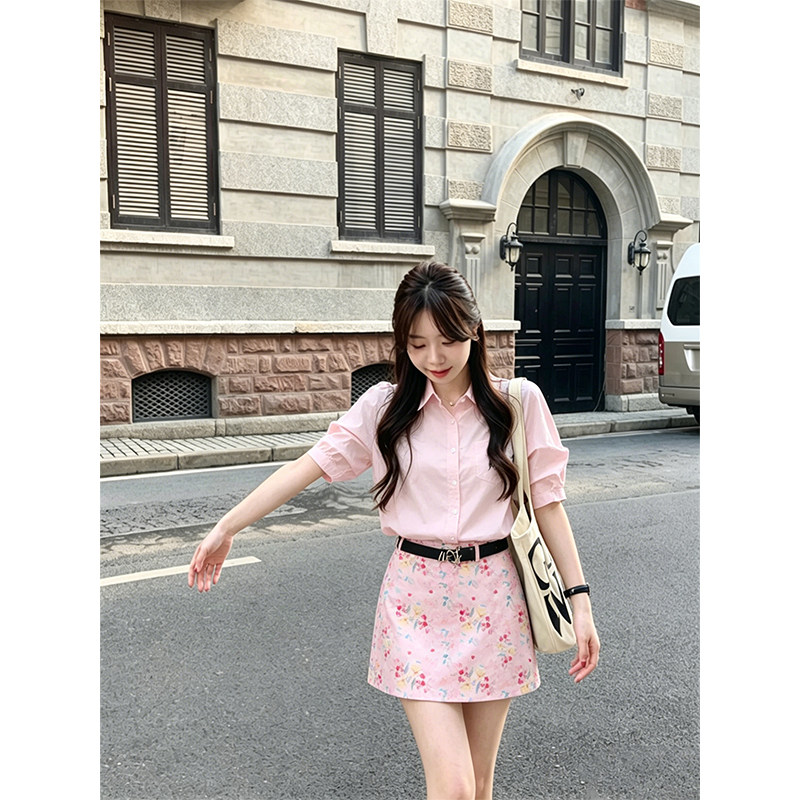 2026夏季新款粉色衬衫衬衣高级感衬衫女+油画印花短裙气质两件套