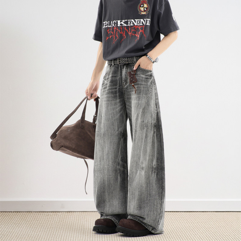 美式复古水洗弯刀牛仔裤男潮牌宽松直筒阔腿裤垂感休闲拖地长裤潮,男装,牛仔裤,淘宝优惠券,粉丝福利购,淘宝优惠卷