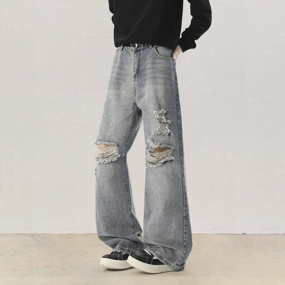 2026新款潮流复古高街风破洞水洗阔腿牛仔裤男宽松痞帅休闲长裤潮,男装,牛仔裤,淘宝优惠券,粉丝福利购,淘宝优惠卷