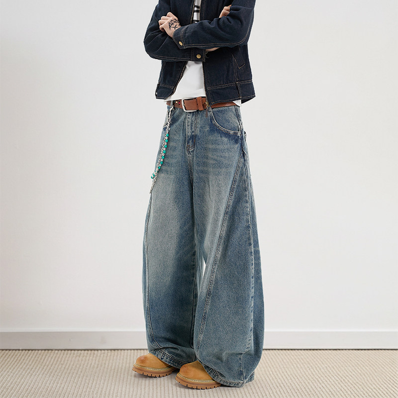 新款美式复古立体裁剪弯刀牛仔裤男女阔腿百搭宽松休闲水洗长裤潮,男装,牛仔裤,淘宝优惠券,粉丝福利购,淘宝优惠卷