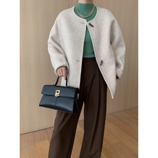 牛角扣宽松圆领骆驼绒羊毛双面呢外套 高级气质 SN6123 法式 司南