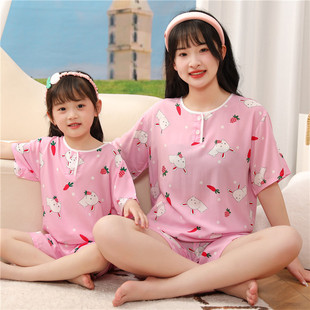 亲子可爱公主风母女棉绸睡衣女童短袖短裤春夏秋季儿童家居服套装