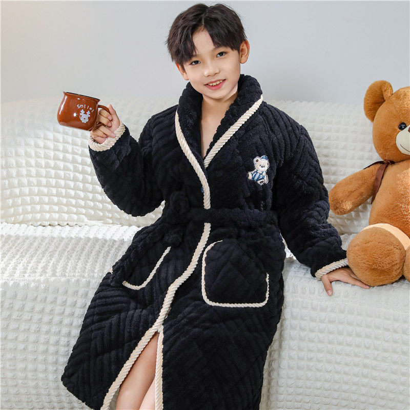 儿童睡袍新款冬季三层夹棉加绒加厚男童女童提花法兰绒中大童浴袍