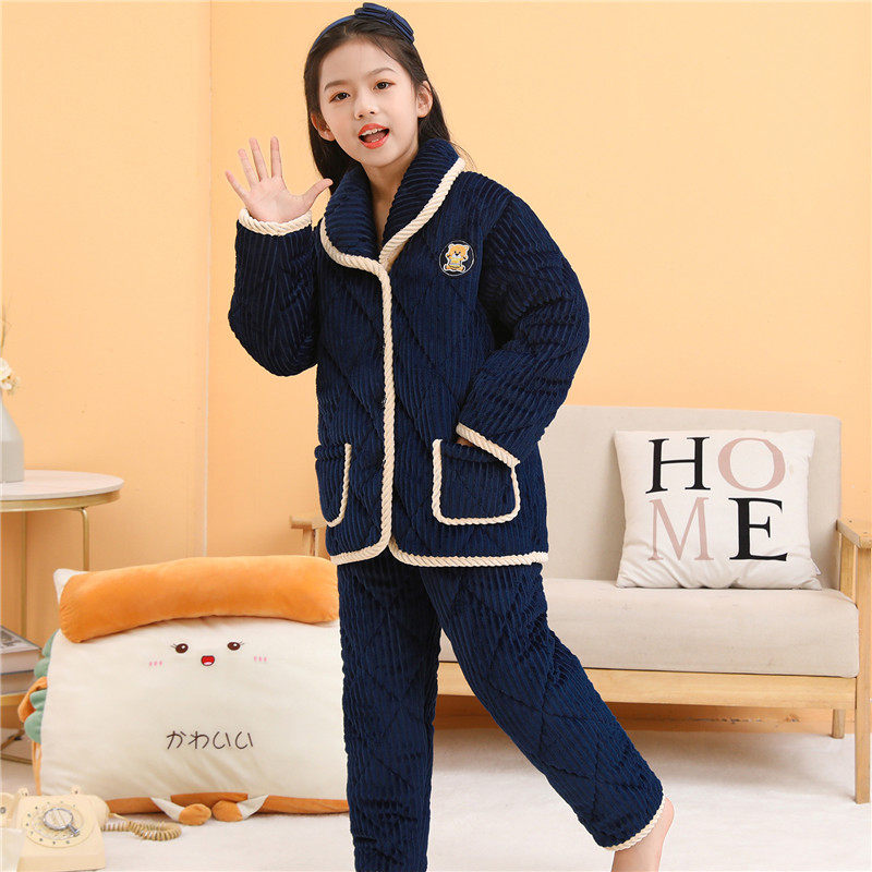 儿童夹棉睡衣冬季法兰绒男童保暖三层加绒加厚款珊瑚绒家居服套装