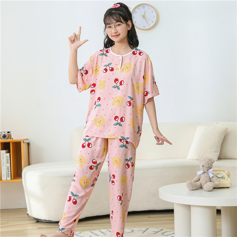 夏季家居服睡衣棉綢短袖長褲