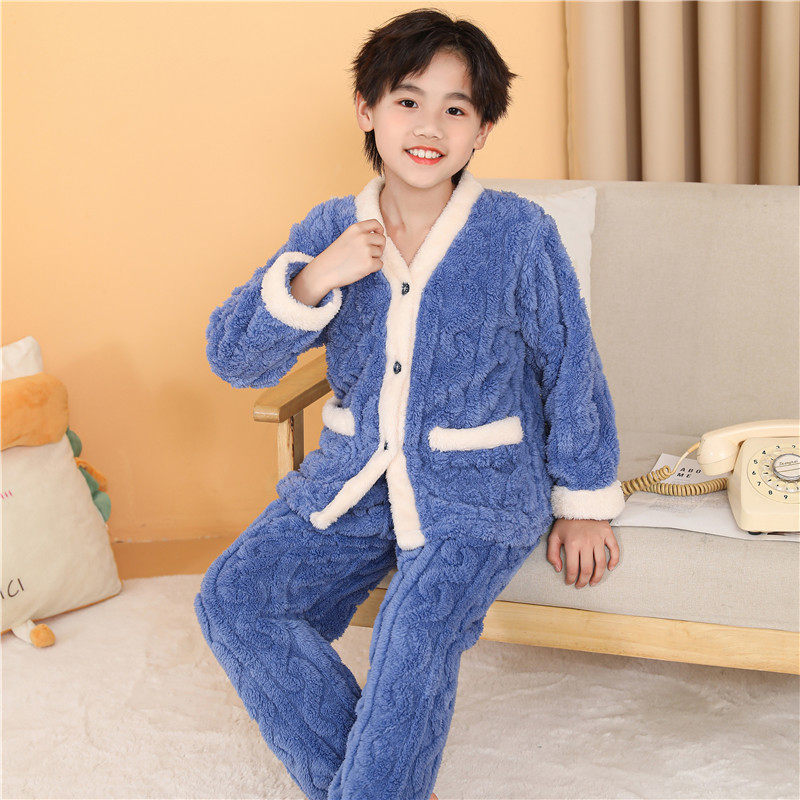 儿童秋冬季法兰绒睡衣男童女童春款加绒加厚宝宝珊瑚绒套装家居服