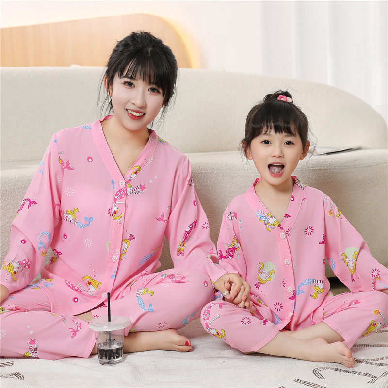 亲子装睡衣母女夏季绵绸长袖薄空调服学生宝宝可爱开衫居家服套装