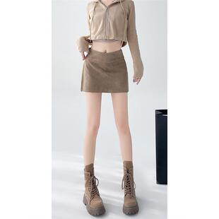 美拉德高腰侧开叉a字包臀短裙子 新款 鹿皮绒半身裙裤 女2025春秋季