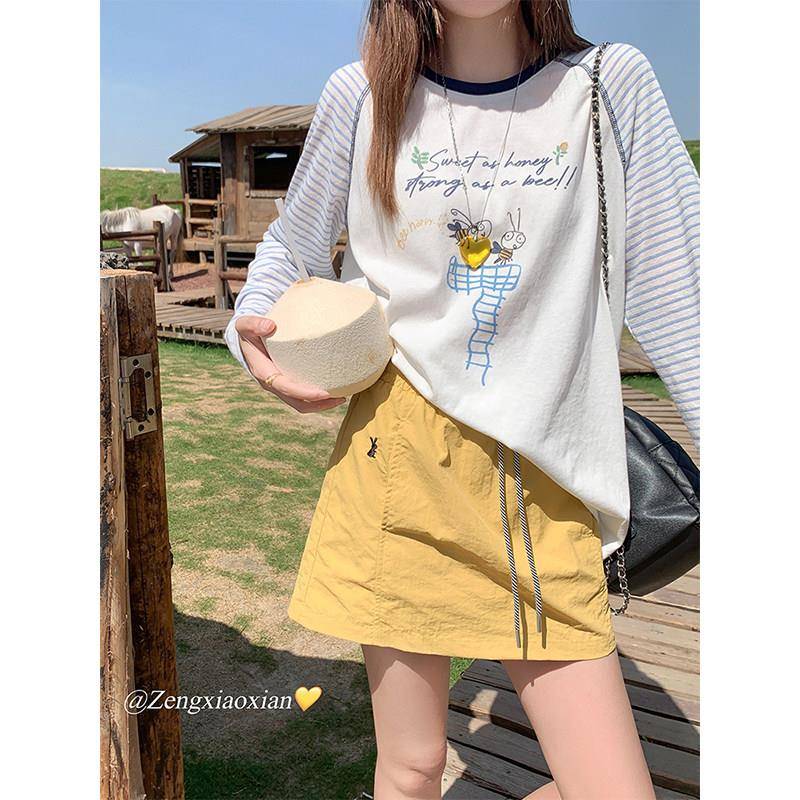 曾小咸 黄色薄款工装松紧高腰a字半身裙女2025新款夏小个子短裙子