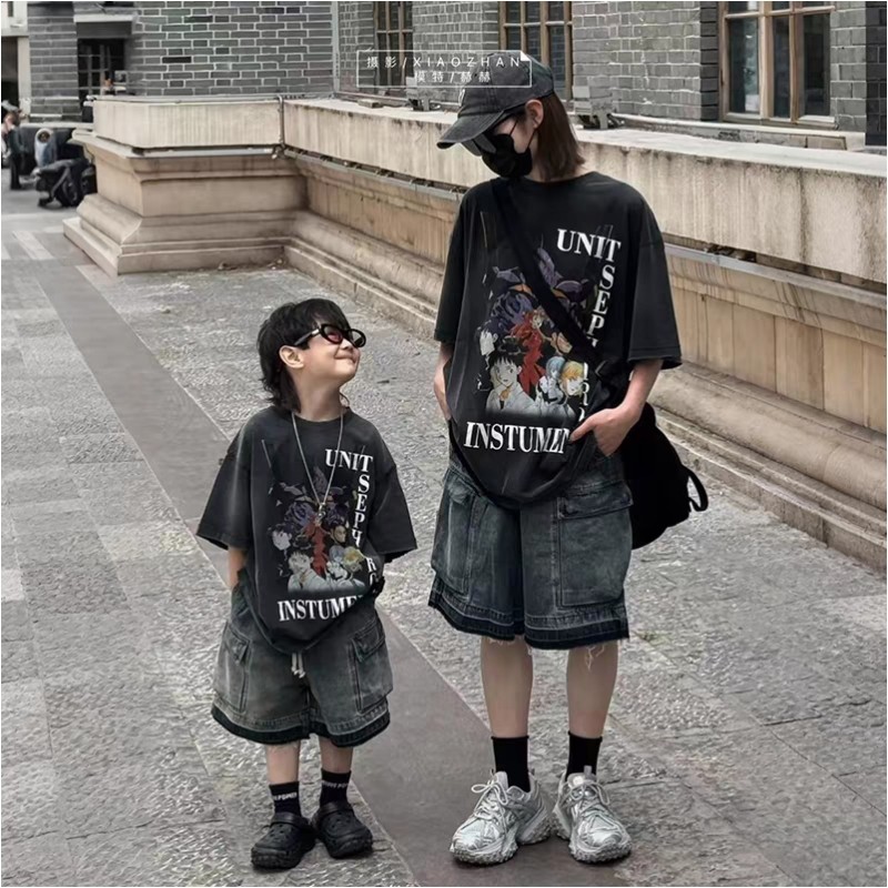 纯棉亲子装短袖T恤夏季新款砂洗做旧韩版潮款帅气男童宽松母子装