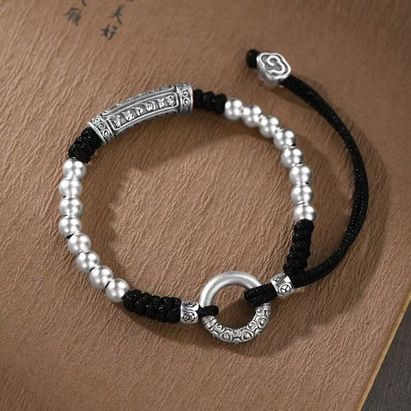 足银999纯银手链六字真言古法祥云编织手绳调节手链 男女情侣款