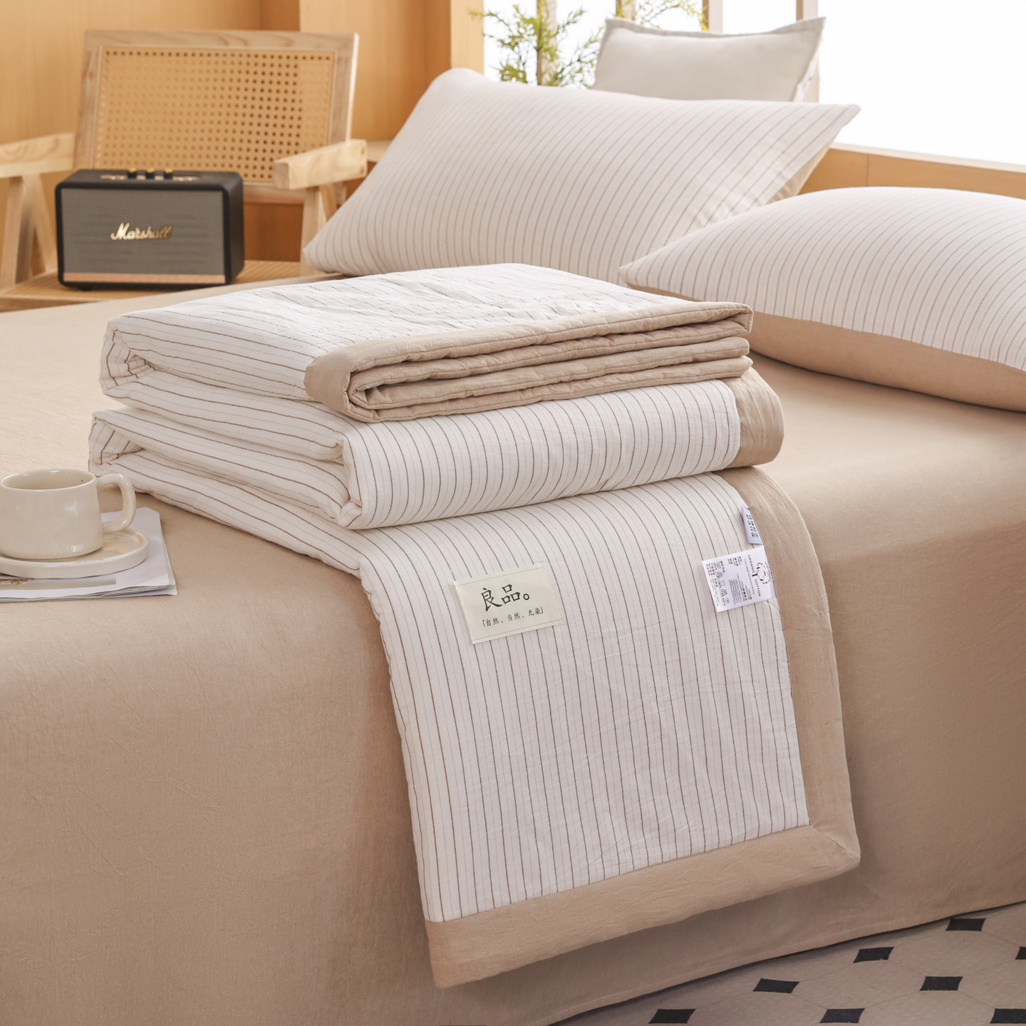 100%棉花夏凉被咖条纹凉感被子可机洗空调被纯棉被芯夏季床上用品