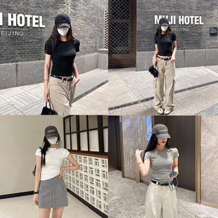 EEWEN小胸友好组3色正肩女T恤短袖t恤女2025新款修身上衣女夏短款