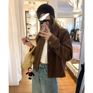 机车服夹克上衣 小个子短款 韩系穿搭棕色麂皮绒外套女春季 2026新款