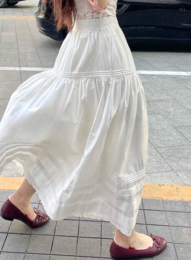 清纯小白花 长款白色半身裙女夏a字半身长裙气质蛋糕裙蕾丝拼接裙