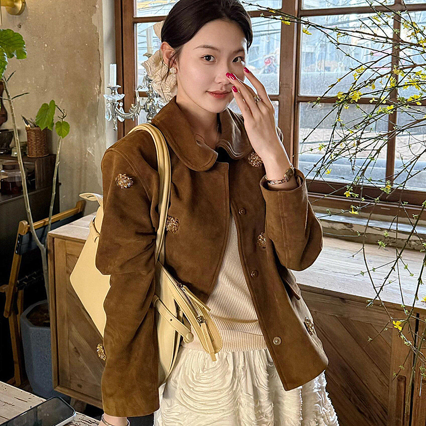 钉珠绒面皮衣外套女短款2025春秋季新款仿羊皮复古高级感夹克上衣