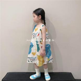 韩国版 女童可爱扎染伞裙女宝宝洋气无袖 新款 J2024夏季 公主连衣裙
