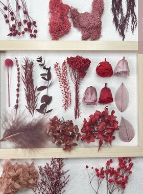 永生花DIY材料 红色奶茶色系点缀配材红色玫瑰花头叶子材料大全