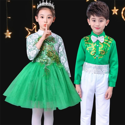 春天儿童绿色演出服布谷鸟合唱团朗诵比赛服装舞蹈长袖裙子种子