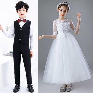 秋冬中小学生主持人礼服白色长裙公主裙男孩西服花童初中生合唱团