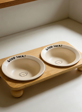 陶瓷宠物猫狗碗竹木双碗日韩BD飞碟猫食盆小狗盆碗护颈防黑下巴