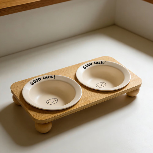 竹木双陶瓷猫狗碗防黑下巴