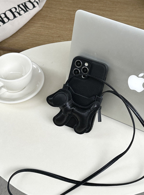 小众高级感ins可爱小狗皮质卡包斜挎挂绳适用14promax苹果iphone15手机壳12新款14挂脖全包13女11