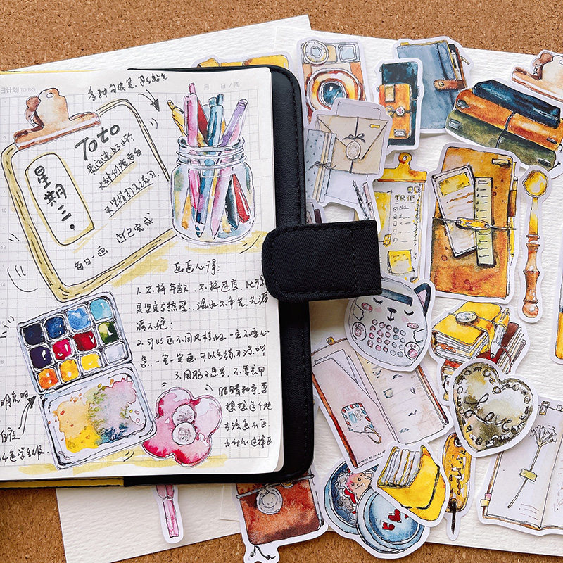 复古水彩手账贴纸日记装饰套装素材同学生日礼物手帐元素小贴画