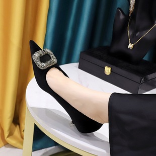 面试职业高跟鞋宴会女鞋细跟中跟浅口尖头加厚绒面金属水钻扣单鞋
