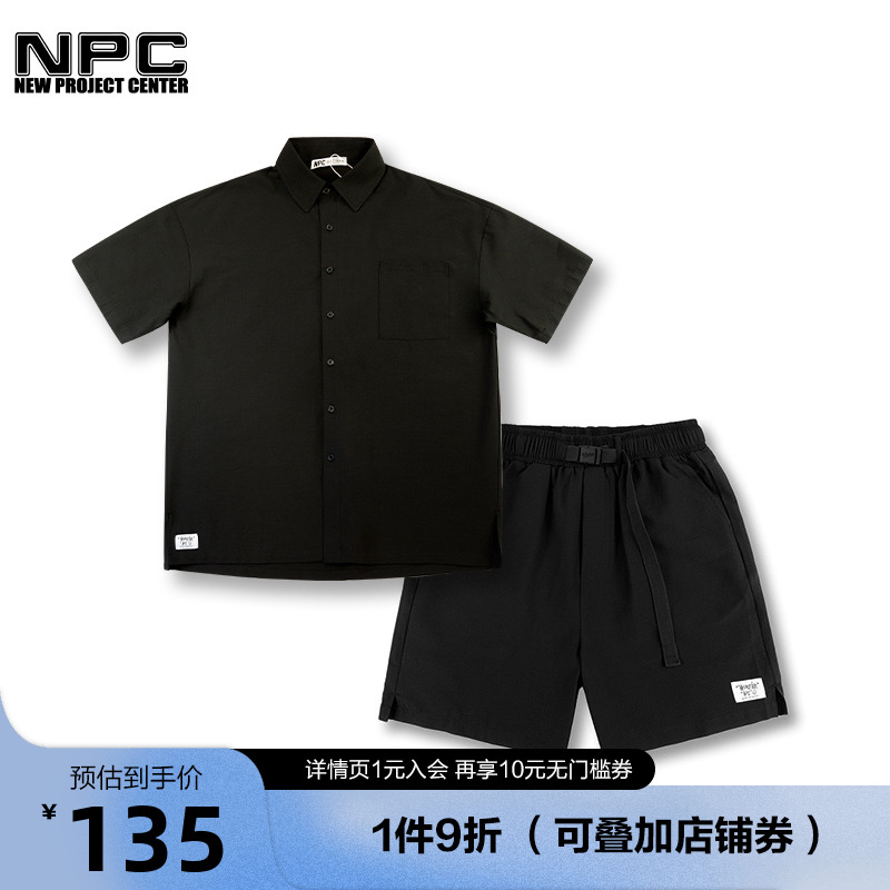 NPC潮牌李晨nic男女同款夏季套装泡泡纱衬衫两件套装宽松衬衫短裤_虎窝淘