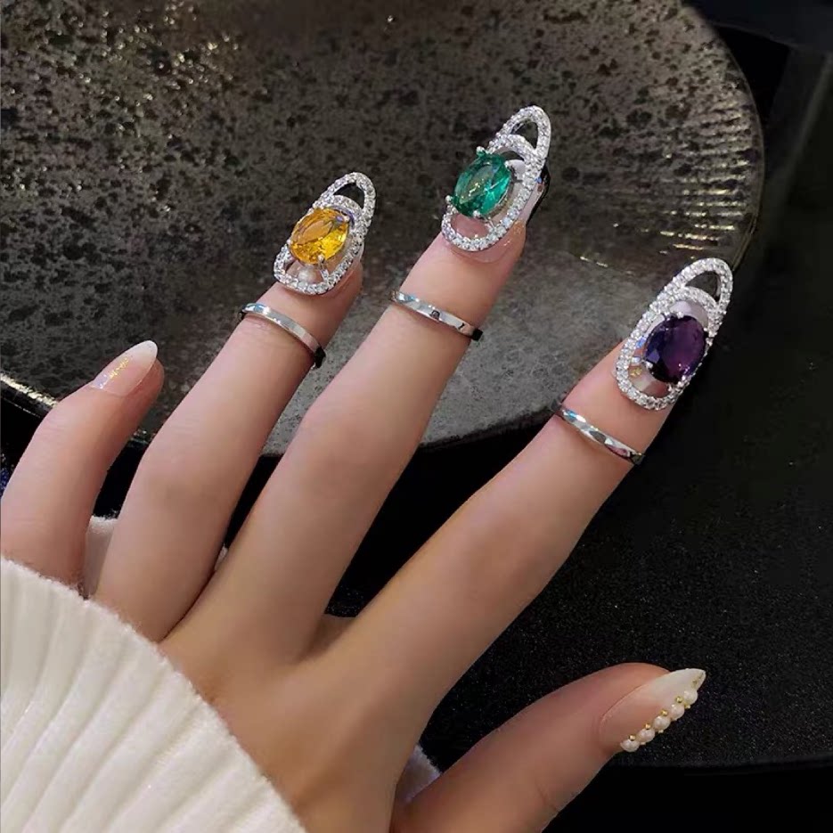 轻奢超闪耀锆石指尖戒指女blackpink欧美开口美甲手指甲戒指尾戒