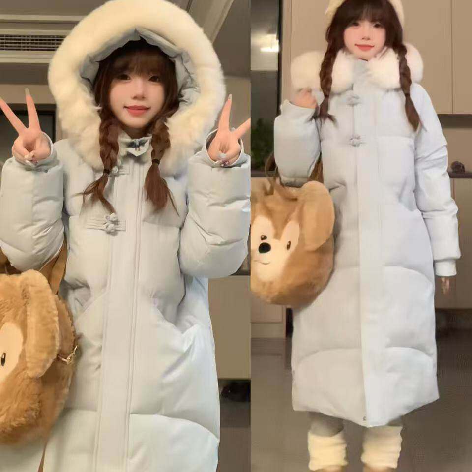 蓝色羽绒服中长款棉服女2025冬季新款小个子过膝加厚保暖棉袄外套