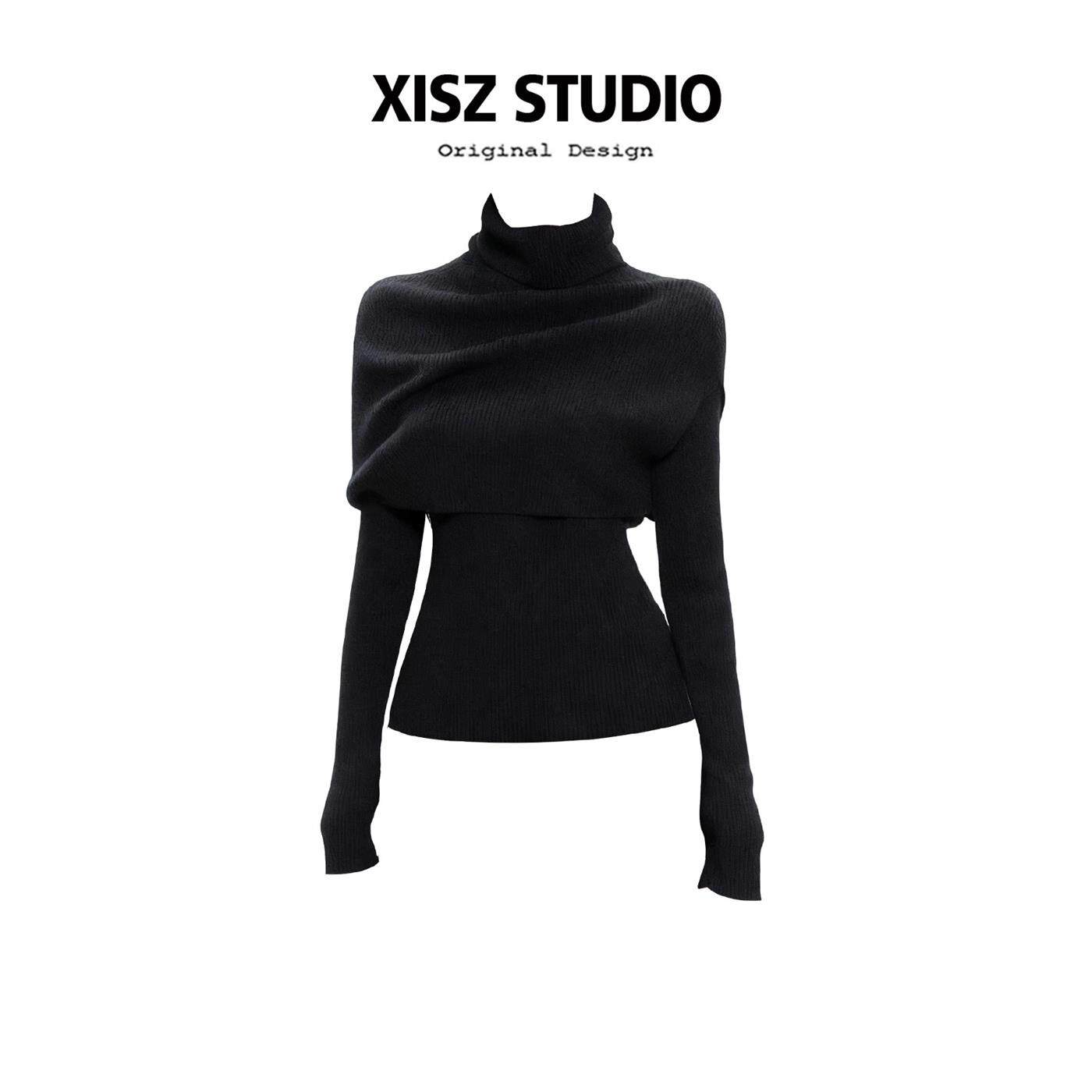 法式高领披肩针织衫女秋冬季修身显瘦打底衫内搭高级感黑色毛衣