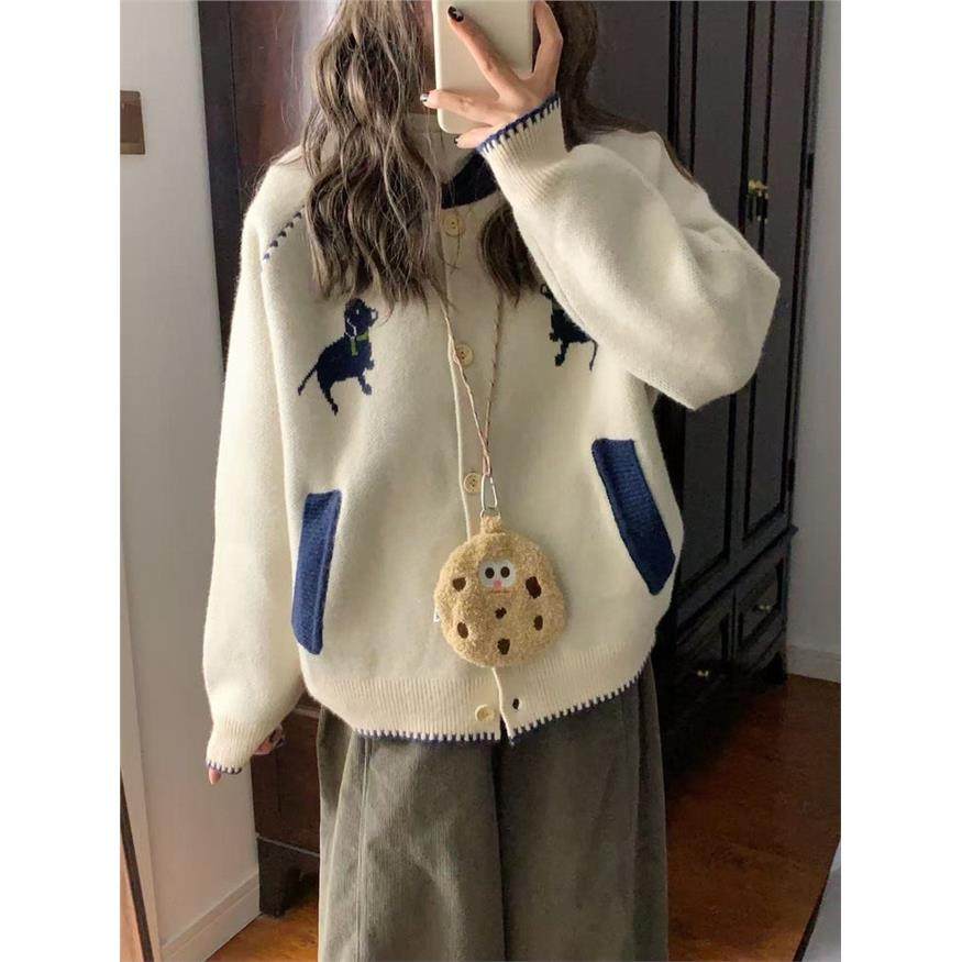 加厚版！慵懒风撞色单排扣毛衣开衫女冬季新款韩版宽松针织外套潮