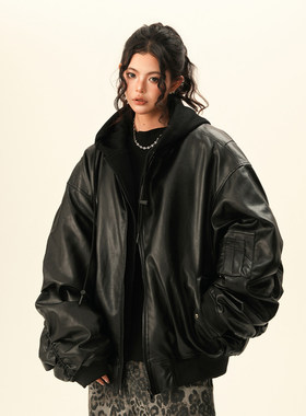 BWKA美式重磅假两件pu皮夹克女男春季潮牌宽松加厚bomber上衣外套