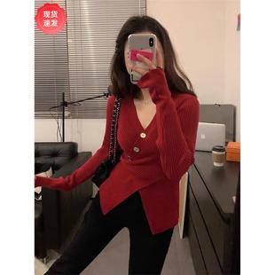 秋冬女性不对称低领紧身针织内底衬衫，时尚修身女性红色毛衣，v