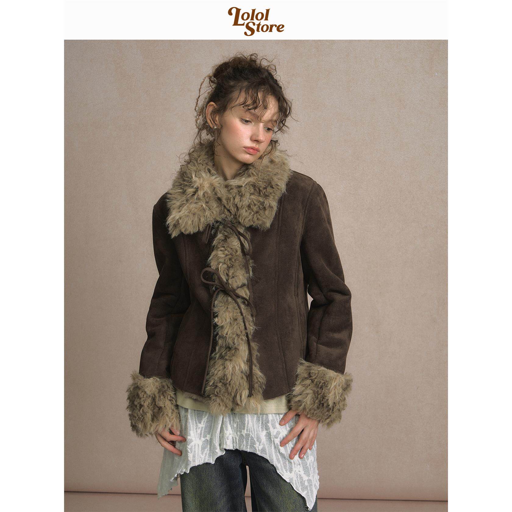 LOLOL「牧羊小诗」皮毛一体外套女冬小个子短款覆古鹿皮绒厚夹克
