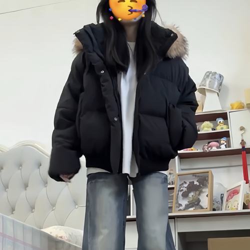 大毛领黑色棉服女2025冬