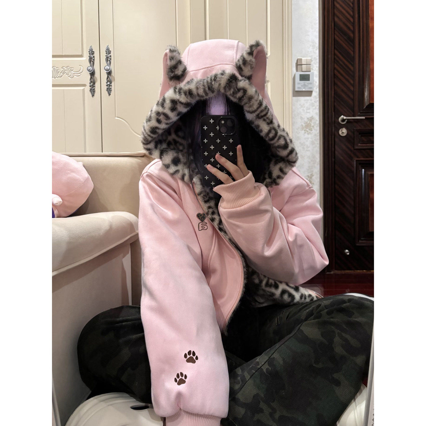 美式粉兔耳豹纹棉服女202