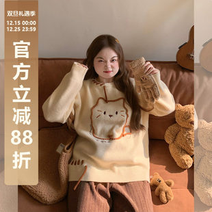 辣条大码女装设计感手工织带刺绣圆领胖mm套头宽松毛衣女2025新款