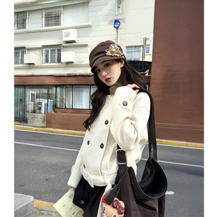 白色狐狸毛领连帽羊绒呢子大衣女2025冬短款羊毛呢外套羽绒服内里