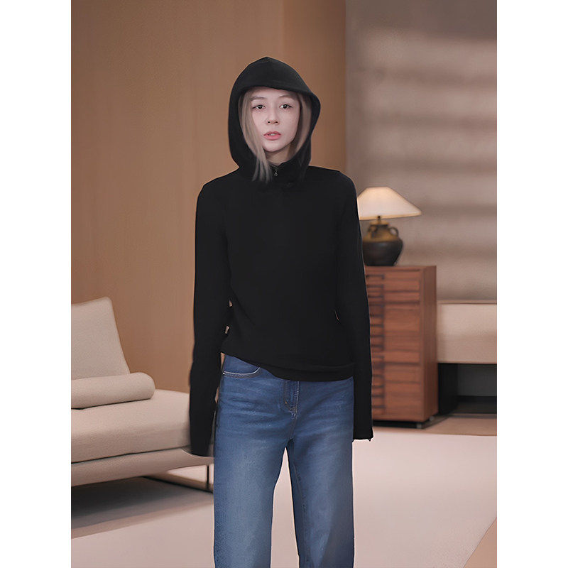 马老板MZX加绒黑色连帽卫衣女2025新款冬季内搭设计感上衣可外穿