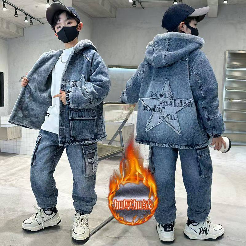 包邮韩版男童冬季加绒加厚牛仔套装中大童酷帅两件套外套洋气儿童