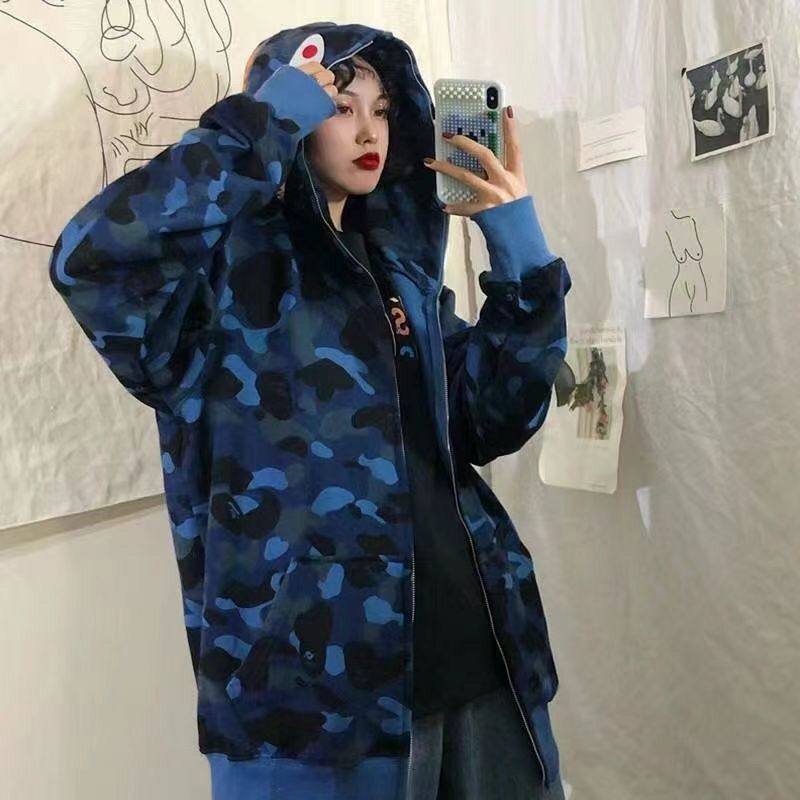 迷彩鲨鱼连帽外套街头男女情侣嘻哈开衫拉链刺绣卫衣春秋冬长袖衫