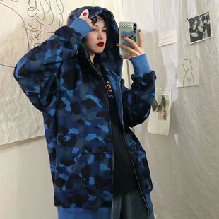 迷彩鲨鱼连帽外套街头男女情侣嘻哈开衫拉链刺绣卫衣春秋冬长袖衫