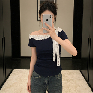 纯欲风拼接木耳边气质上衣 T恤女夏季 大码 胖MM韩系不规则斜肩短袖