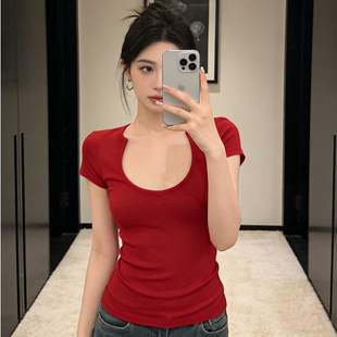 新款 大码 t恤女春季 显瘦设计感u领正肩短袖 气质辣妹风上衣 胖mm修身